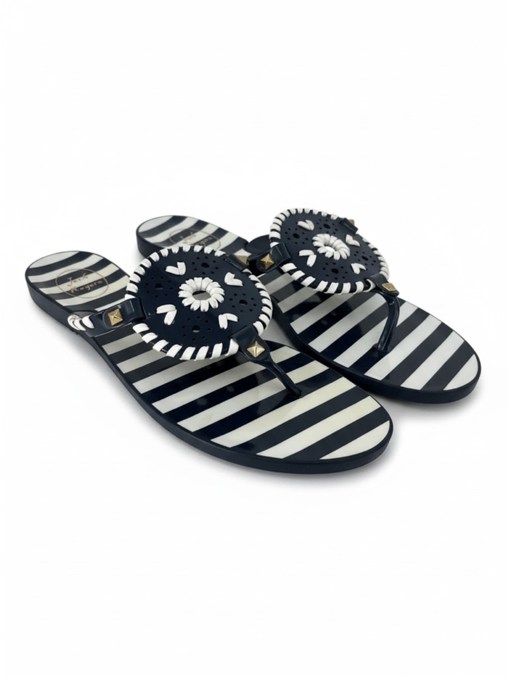 Jack Rogers Georgica Women’s Navy & White Stripe Floral Medallion Thong Sandals